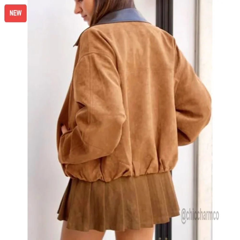 Oversized Faux Suede Bomber Jacket Cropped Lapel Motorcycle Zip Up - Picture 4 of 7